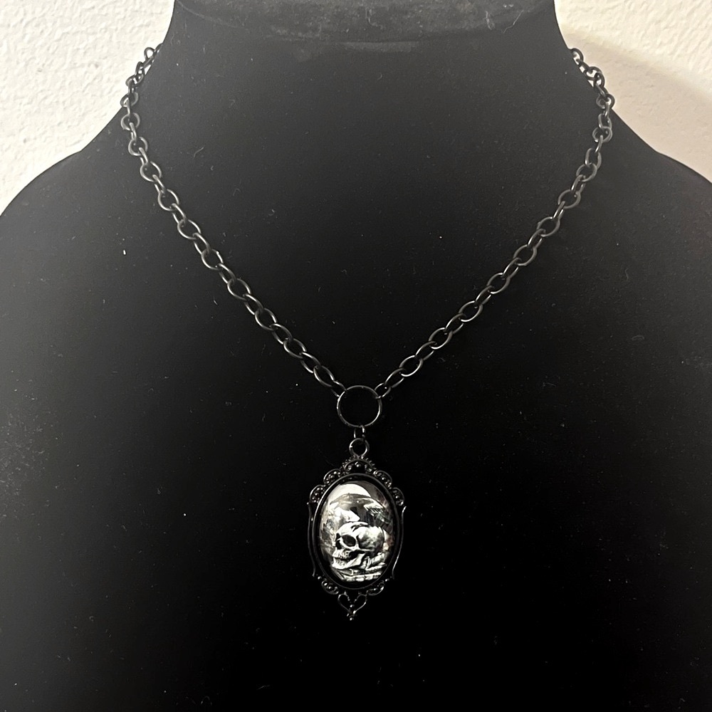 Hand Crafted Black Skull and Raven Pendant Necklace